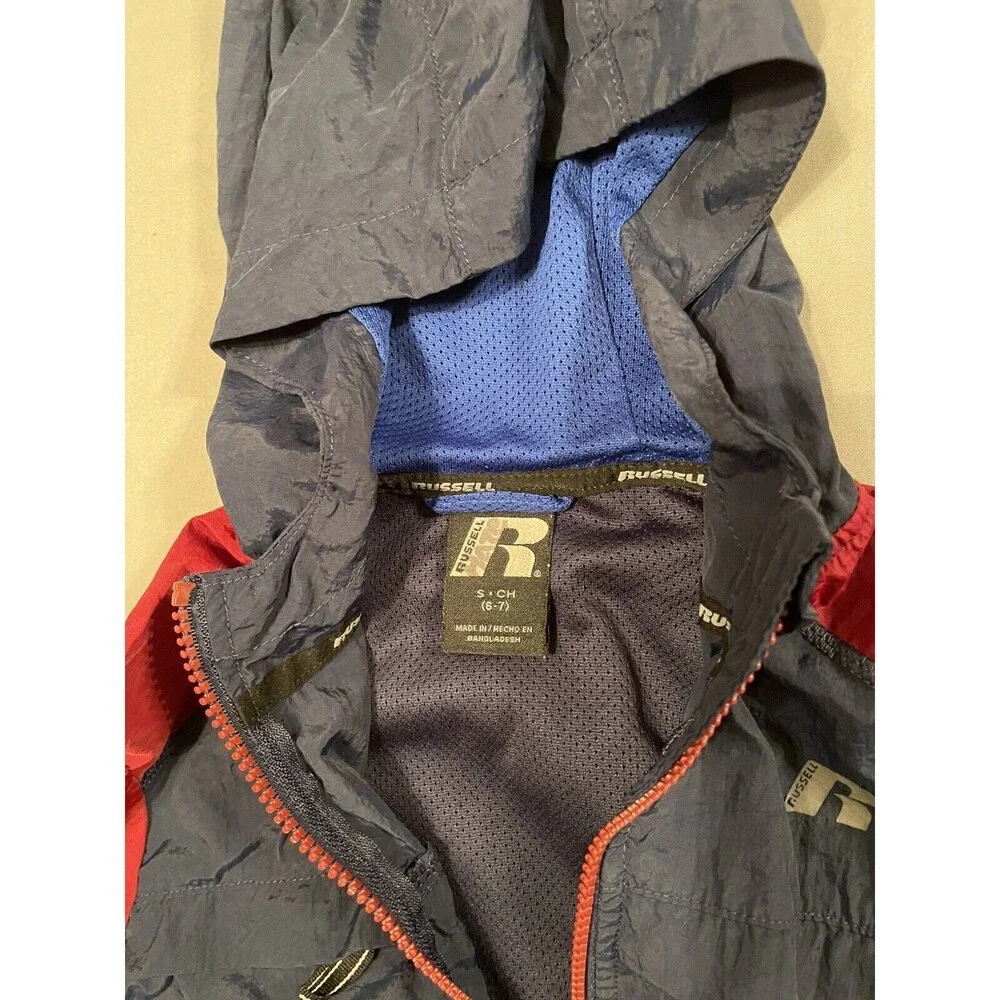 Russell Lined Windbreaker Jacket Boys Small 6/7 Navy Red Full Zip Good